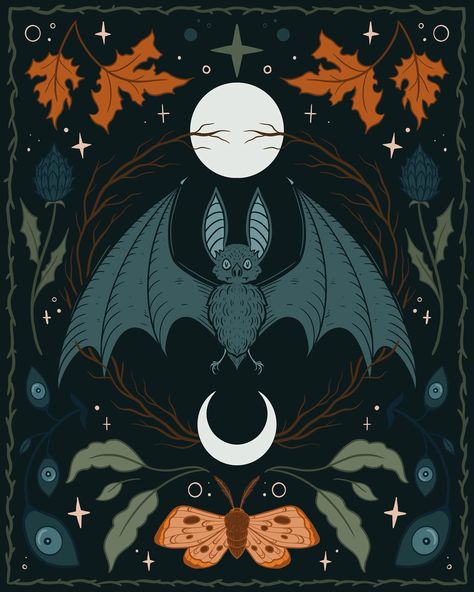 Bat Illustration Drawing, Pagan Illustration, Bat Cute Art, Cute Bat Illustration, Bats Illustration, Bat Artwork, Bat Artwork Illustrations, Flying Bat Illustration, Vintage Halloween Bat Art