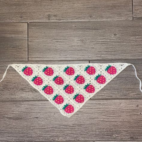 Crochet hair bandana with strawberry print, handmade Flower Granny Square Bandana Pattern, Crochet Bandana Strawberry, Crochet Strawberry Bandana Pattern Free, Strawberry Bandana Crochet Pattern, Strawberry Crochet Bandana, Strawberry Bandana Crochet, Crochet Bandana Pattern Free Easy, Strawberry Stitch Crochet, Strawberry Granny Square