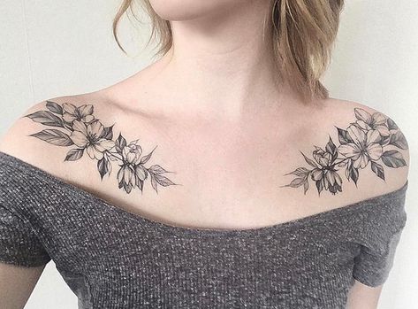 If you shy away from chest tattoos, you probably have two big (or small) reasons for doing so. Sure, there's nothing subtle about tatting up your tatas, but Full Arm Sleeve Tattoo, Collarbone Tattoo, Bone Tattoos, Chest Tattoos For Women, Healing Tattoo, Full Sleeve Tattoos, Shoulder Tattoos For Women, Collar Bone Tattoo, Collar Bone