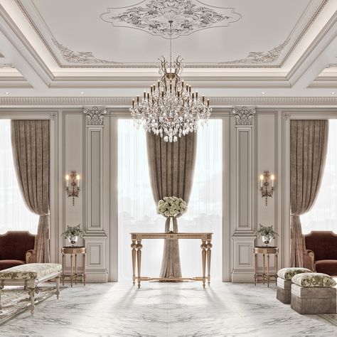 Classic Majlis on Behance Neo Classic Living Room Luxury, Aesthetic Modern Farmhouse, Classic Majlis, Classic Ceiling Design, Classic Interior Design Luxury, Classic House Interior Design, Formal Living Room Decor, Winter Decorating Ideas, Classic Reception