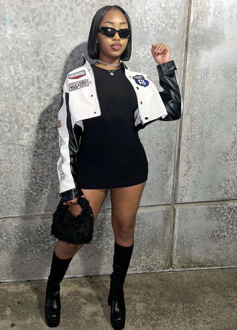 Crop Leather Jacket Outfits Women, Streetwear Clubbing Outfit, Leather Boots Outfit Black Women, Poses For Pictures Instagram Concert, Platform Heels Outfit Black Women, Club Outfits Black Women Winter, Biker Jacket Outfit Black Women, College Homecoming Outfits Black Women, Concert Outfit Black Women Winter