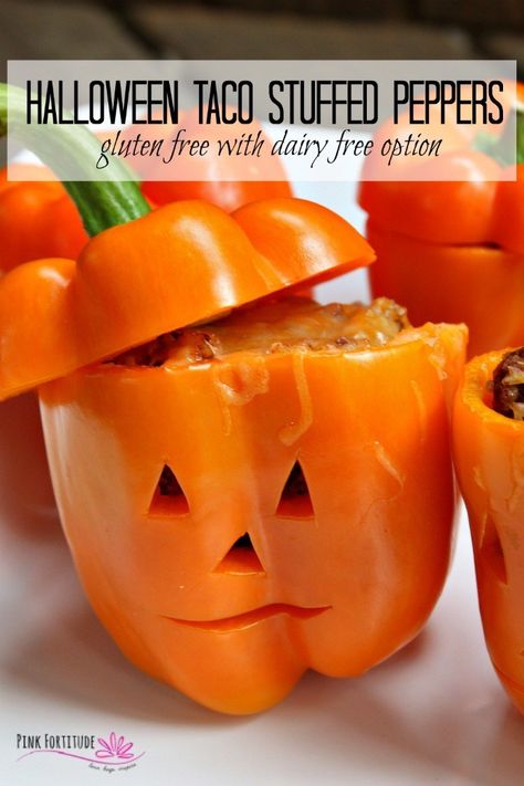 Orange peppers are screaming for Halloween. Why not try this Halloween Taco Stuffed Peppers recipe? They are just as easy to make as tacos, taste just as good (if not better) and are super cute little Jack O' Lantern pumpkins for your Halloween dinner or Halloween party. They are gluten free and you can even make them dairy free too. Get the recipe... #halloween #recipe #taco #pinkfortitude Halloween Recipes Dinner, Muffins Halloween, Lantern Pumpkins, Taco Stuffed Peppers, Recipes Halloween, Stuffed Peppers Recipe, Recipes Drinks, Orange Peppers, Halloween Dinner