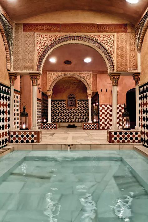 Maroco Style, Essential Oils Cold, Stone Bed, Bath Surround, Moroccan Tea, Moorish Architecture, Hot Pools, Modern Renovation, Aromatherapy Massage