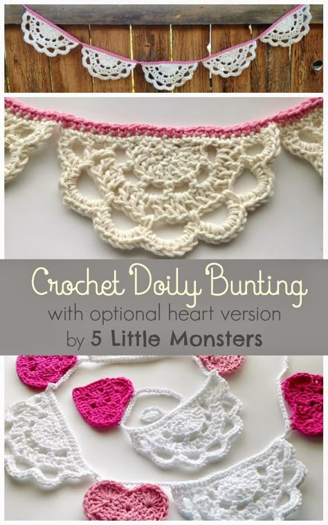 5 Little Monsters: Crochet Doily Bunting Doily Bunting, Crochet Bunting, Crochet Garland, Crochet Decoration, Crochet Heart, Crochet Flower Patterns, Crochet Things, Crochet Doily, Crochet Edging