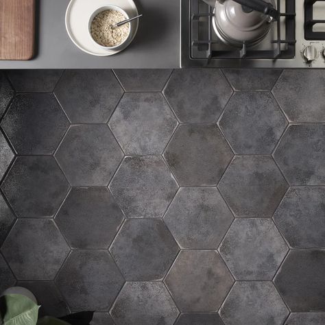 Hexagon Tile Bathroom Floor, Hexagon Tile Bathroom, Black Hexagon Tile, Artmore Tile, Black Tile Bathrooms, Gray Backsplash, Hexagon Tile Floor, Grey Floor Tiles, Backsplash Wall