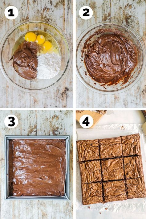 These 3 Ingredient Nutella Brownies are rich, fudgy, gooey, and delicious...and yes, they really are just made with 3 ingredients! Nutella, flour, and eggs are combined until smooth, then baked into the most mouthwatering, chocolatey, melt-in-your-mouth, Fudgy Nutella brownies. Just 5 minutes of prep needed for these easy brownies with Nutella! Brownies With Nutella, Easy Baking For Kids, 3 Ingredient Nutella Brownies, Easy Desserts For Kids, 3 Ingredient Brownies, Easy Brownies, Nutella Recipes Brownies, Family Desserts, Yummy Desserts Easy