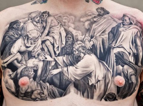 1992 Tattoo, Black And Gray Tattoo, Full Chest Tattoos, Gray Tattoo, Bible Tattoos, Scene Tattoo, Religious Tattoo, Alien Tattoo, Jesus Tattoo