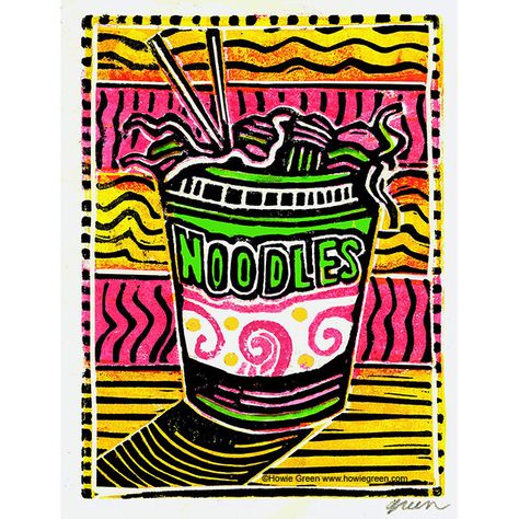 https://flic.kr/p/2khL3Gb | Noodles Pop Art linocut linoblock print | New linocut linoblock Pop Art print from my Kitchen Suite See more of my art at www.howiegreen.com Pop Art Lino Print, Pop Art Printmaking, Food Lino Print, Lino Printmaking, Reduction Linocut, Noodle Art, Clay Patterns, Kitchen Suite, Lino Art