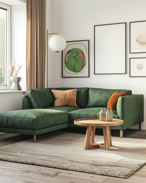 Green Sofa Ideas, Green Sofa Inspiration, Green Couch Decor, Green Sofa Decor, Green Corner Sofas, Modern Green Living Room, Living Room Design Green, Green Living Room Ideas, Green Sofas