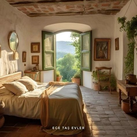 This pin is directed to the girls out there with a dream of having a beautiful house! Nature Theme Bedroom, European Bedroom Aesthetic, Italian Bedroom Aesthetic, Hacienda Style Bedroom, Italian Villa Interior, Spanish Bedroom, Mud Houses, European Bedroom, Cozy Nature