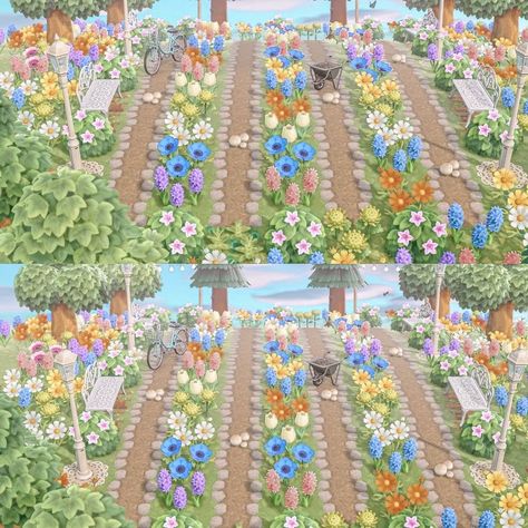 Animal Crossing Garden Ideas Flower, Acnh Flower Combinations, Acnh Heart Pond, Animal Crossing Flower Codes, Acnh Flower Garden, Acnh Tropicore, Acnh Build Ideas, Animal Crossing Tips, Medieval Towns