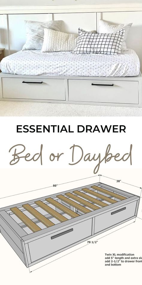 Diy Platform Bed With Storage Twin, Daybed Couch With Storage, Twin Bed Frame Diy Storage, Diy Twin Xl Bed Frame With Storage, Twin Bed Storage Ideas, Diy Daybed With Drawers, Diy Built In Bed With Storage, Diy Twin Bed With Drawers, Twin Storage Bed Diy