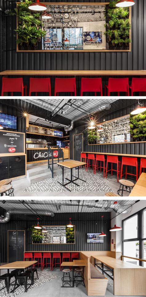 We often see corrugated steel being used on the exterior of houses, but as part of the design for this restaurant, black corrugated steel was brought inside, and used on the interior walls of this burger restaurant. تصميم الطاولة, Café Design, Restaurant Exterior, Doner Kebab, Design Café, Industrial Style Kitchen, Burger Restaurant, Coffee Shop Design, Cafe Interior Design