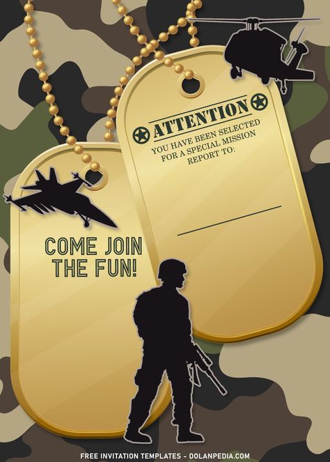 Nice 7+ Soldier Boy Army Themed Birthday Invitation Templates Army Invitation Template, Army Birthday Invitations, Army Themed Birthday, Army Birthday Parties, Army Theme, Army Birthday, Camo Birthday, Military Party, Dance Party Invitations