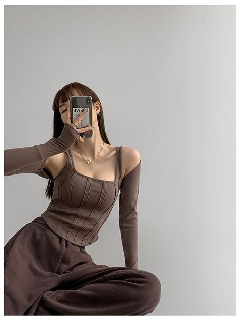 Shira - Set: Paneled Crop Tank Top + Bolero Top | YesStyle Crop Top Outfit Ideas, Brown Ootd, Outfit Ideas Street Style, Brown Outfits, Bolero Top, Trendy Crop Tops, Brown Outfit, Crop Top Outfits, Crop Tank Top