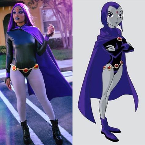 Black Starfire Costume, Raven Ttg Halloween Costume, Black Raven Cosplay, Raven Makeup Teen Titans, Raven Teen Titans Go Outfit Halloween, Raven Halloween Costume Teen Titans, Raven And Beastboy Titans Costume, Raven Costume Diy, Raven And Starfire Costume