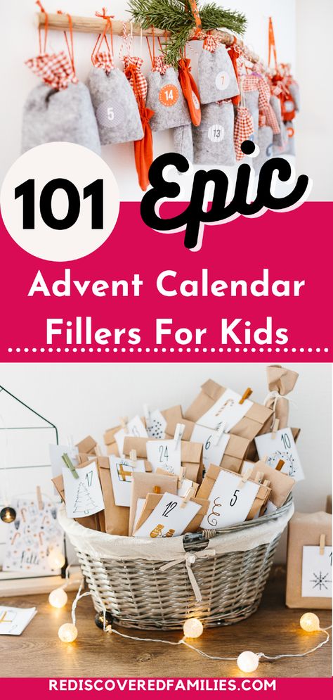 Looking for the perfect advent calendar fillers for kids? This list of 101 ideas has everything you need to create a fun and exciting holiday countdown. From small, cheap gifts to DIY crafts and free printables, these fillers will keep kids entertained and delighted every day. Whether you want homemade treats or creative activities, these ideas will make your advent calendar something to look forward to each morning. Create a cherished holiday tradition for your kids. Small Advent Calendar Fillers, Kids Advent Calendar Fillers, Advent Calendar Fillers For Kids, Advent Calendar Filler Ideas, Diy Advent Calendar Fillers, Advent Calendar Filler, Homemade Calendar, Lego City Advent Calendar, Kids Advent