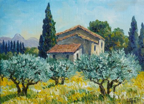 Olive Tree Drawing, Impressionist Art Lessons, Olive Tree Painting, Mediterranean Art, Landscape Quilts, Watercolor Pictures, Landscape Art Painting, Impressionism Art, Tree Drawing