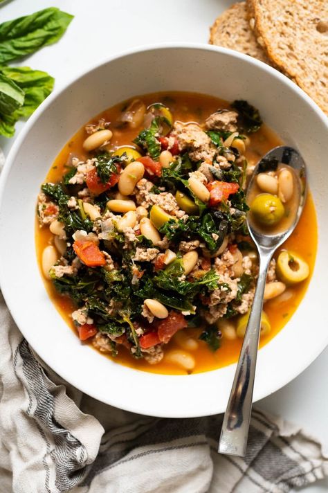 Mediterranean Ground Turkey Stew - iFoodReal.com Ground Turkey Recipes Mediterranean, Healthy Ground Turkey Soup, Ground Turkey Stew, Mediterranean Seasoning, Ground Turkey Soup, Turkey Stew, Healthy Ground Turkey, Mediterranean Meals, Tomato Broth