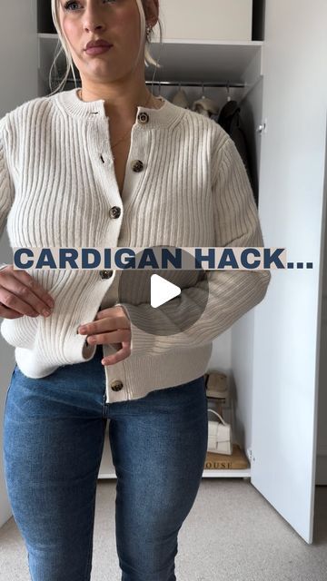 Carys Whittaker 🇬🇧 on Instagram: "No more bulging jeans when tucking my cardigans in then 🥳 It’s taken me way too long to try this hack out and I love it for a tucked in cardigan look without the tucked in bulge!!! But without tucking it in a tiny bit, the folding under of the right side (button side) can just unfold and hang down ? So not sure whether that happens to other people as I haven’t heard anyone else say it does (am I doing it wrong lol) Buttttt for the shorten and tuck method it’s 10/10 and I’m doing this from now on!!😍" How To Tuck A Cardigan Into Jeans, Tucking Sweater Into Skirt, Cropped Cardigan And Jeans Outfit, Shorten Cardigan Hack, Shorten Cardigan, How To Button A Cardigan Hack, Cardigan Button Hack, How To Crop A Cardigan, Tuck Cardigan