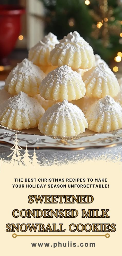 Sweetened Condensed Milk Snowball Cookies are delightful, melt-in-your-mouth treats that combine the rich creaminess of sweetened condensed milk with the crunch of finely chopped nuts. These cookies are rolled in powdered sugar, giving them a snowy appearance that makes them perfect for festive occasions or cozy gatherings. Sweetened Condensed Milk Snowballs Cookies, Snowball Cookies Recipe Sweetened Condensed Milk, Snowball Cookies Condensed Milk, Sweetened Condensed Snowball Cookies, Condensed Milk Cookies 4 Ingredients, Condensed Milk Snowball Cookies, Sweetened Condensed Milk Snowball Cookie, Sweet And Condensed Milk Recipes, Sweetened Condensed Milk Recipes Easy