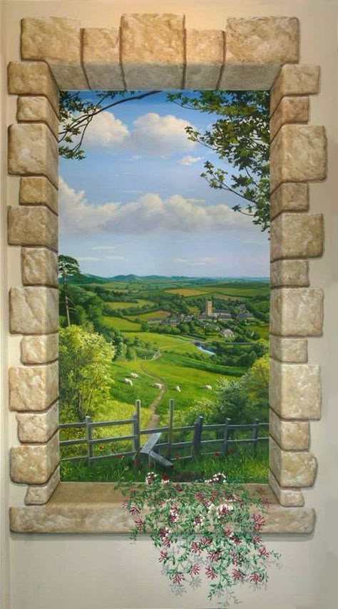 Jeff Raum's English Countryside niche Canvas Painting Ideas For Beginners, Taman Air, Window Mural, Garden Mural, Painting Ideas For Beginners, Canvas Painting Ideas, Wall Murals Painted, Faux Painting, 3d Painting