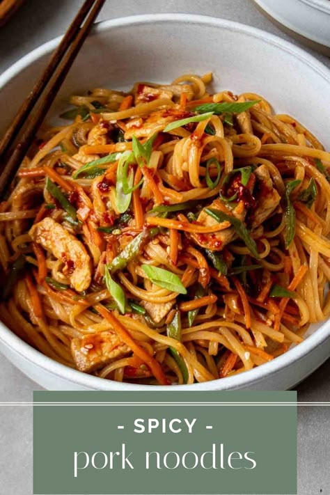 Ready in 15 minutes, these spicy pork noodles are a quick and easy weeknight dinner! If you like spicy noodles, you'll love this recipe. Shredding Recipes, Spicy Pork Noodles, Kay Nutrition, Korean Pork, Bowl Meals, Pork Noodles, Lo Mein Recipes, Chop Sticks, Lean Pork