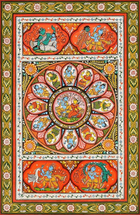 Rasa Lila - The Divine Circular Dance of Krishna with Gopis Water Color Painting on Patti Artist: Rabi Behera (via Exotic India) Hindu Cosmos Art, Rasleela Krishna Painting, Krishna Pattachitra Paintings, Krishna With Gopis, Patachitra Paintings, Pattachitra Paintings, Pattachitra Art, Hindu Cosmos, Phad Painting