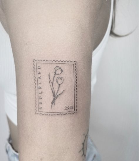 Stamp Tattoo Postage, Amsterdam Tattoo, Stamp Tattoo, Tulip Tattoo, Special Tattoos, Memorial Tattoos, Discreet Tattoos, Black Ink Tattoos, Simplistic Tattoos