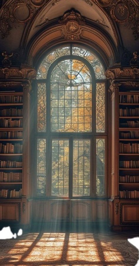 Library With Stained Glass Windows, Wooden Library Design, Back To Hogwarts Aesthetic, Library Fantasy Aesthetic, Books Winter Aesthetic, Stained Glass Library, Cottage Library Aesthetic, Library With Windows, Book Fantasy Aesthetic