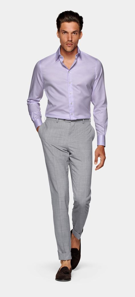 Lilac Striped Twill Slim Fit Shirt | Pure Cotton Traveller | SUITSUPPLY Mens Lilac Outfit, Lilac Shirt Outfit Men, Lavender Outfit Men, Lavender Shirt Outfit Men, Lavender Shirt Outfit, Denim Shirts For Men, Lilac Shirt, Grey Pants Men, Lavender Shirt