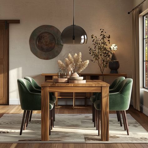 Kody Parsons Velvet Chairs for Dining Room Green Velvet Dining Room Chairs, Earthy Tone Dining Room, Green Accent Dining Room, Dining Room Green Chairs, Brown Dining Room Ideas, Green Velvet Dining Room, Dark And Moody Dining Room, Brown Dinner Table, Mid Century Dining Room Decor