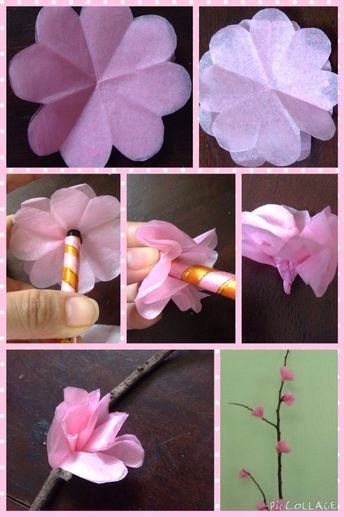 Diy cherry blossoms Cherry Blossom Diy Craft Ideas, Cherry Blossom Crafts, Cherry Blossom Craft, Diy Easy Paper Crafts, Paper Crafts Tutorial, Japanese Plum Tree, Cherry Blossom Wedding Theme, Cherry Blossom Party, Cherry Blossom Theme