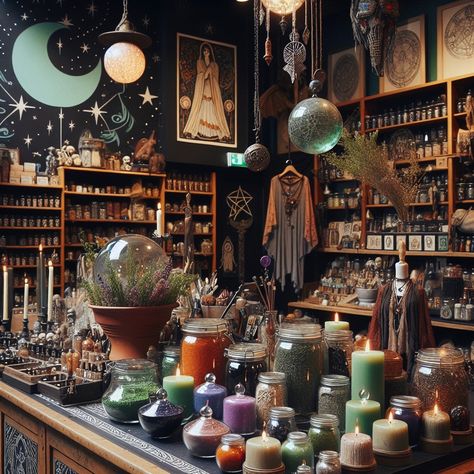 Metaphysical Store Display, Witchy Vendor Booth, Magic Shop Interior, Crystal Store Display Ideas, Witchy Store Aesthetic, Witchy Shop Aesthetic, Crystal Shop Interior, Witch Shop Aesthetic, Witch Aesthetic Decor