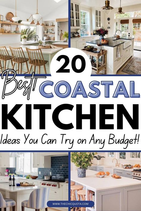 coastal kitchen Coastal Kitchen Curtains, Rustic Beach Kitchen Ideas, Coastal Range Hood Ideas, Coastal Themed Kitchen, Beach Style Kitchen Ideas, Coastal Backsplash Ideas, Coastal Above Cabinet Decor, Coastal Small Kitchen Ideas, Modern Coastal Kitchen Decor