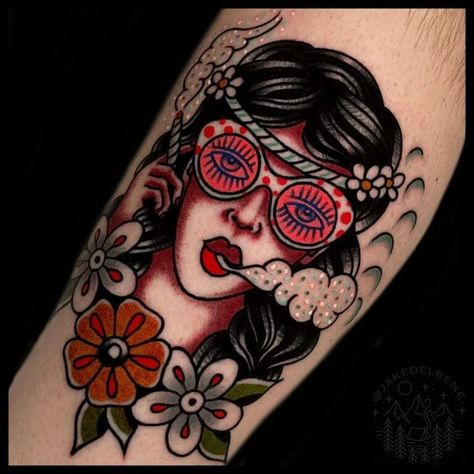 Hippie Style Tattoos, Hippie Girl Tattoos, Hippie Flower Tattoos, Hippie Tattoo Ideas, Hippie Tattoos, Traditional Tattoo Woman, Vintage Style Tattoos, Traditional Tattoo Inspiration, American Traditional Tattoo Ideas