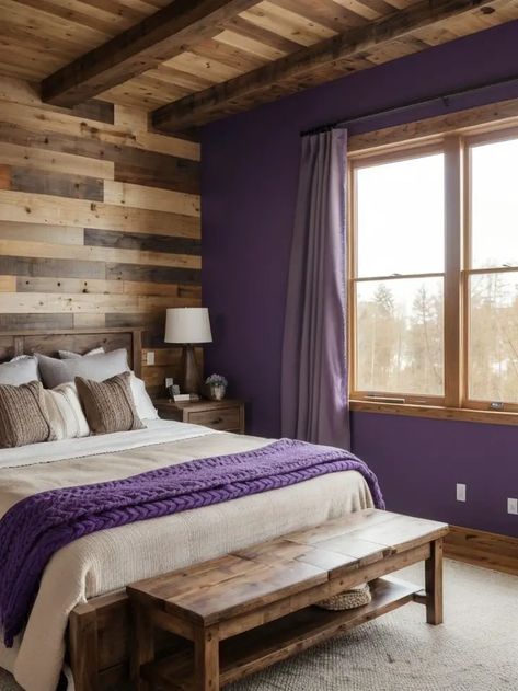 Purple Rustic Bedroom, Purple Western Bedroom, Purple Bedroom Accent Wall, Brown And Purple Room, Purple And Tan Bedroom, Purple And Wood Bedroom, Purple Adult Bedroom, Purple Master Bedrooms Decor, Purple Farmhouse Bedroom