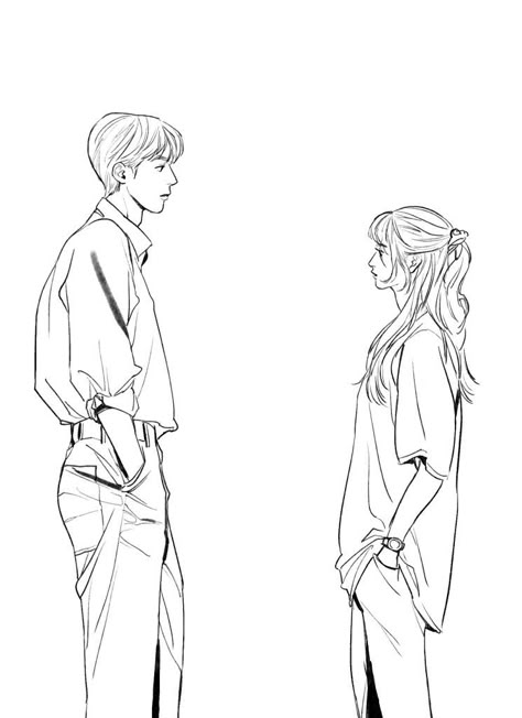 25 21 Drawing, 25 21 Kdrama Drawing, Couple Looking At Each Other Drawing, 2521 Drawing, Kdrama Line Art, Two People Drawing, Line Art Drawings Couple, Leader Drawing, Kdrama Sketches