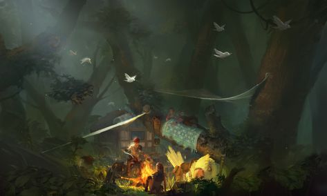 Traveler's camp in forest, Hui-Won Park on ArtStation at https://www.artstation.com/artwork/YeJGzw Camp In Forest, Forest Camping, Camping In The Woods, Forest Camp, Fall Camping, Fantasy Forest, Fantasy Art Landscapes, Camping Art, Changing Seasons