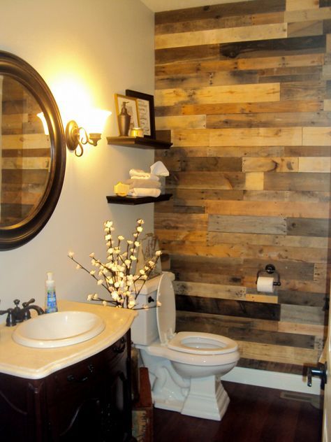 Just received this before and after picture of our Pallet Wood Panels used as an accent wall. Pallet Accent Wall, Pallet Bathroom, Diy Pallet Wall, Pallet Walls, Bathroom Accent Wall, Bathroom Accents, Wood Accent Wall, Fa Fal, Pallet Decor