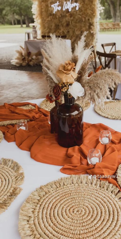 Boho Themed Wedding Centerpieces, Cheese Cloth Table Decor, Boho Fall Wedding Round Table Decor, Terracotta Wedding Guest Tables, Cheese Cloth Centerpiece, Rustic Wedding Decor Terracotta, Rustic Boho Wedding Centerpieces Table Settings, Fall Boho Mountain Wedding, Terracotta And Neutral Wedding