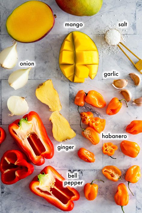 Hot Sauce Ingredients, Recipes For Sweet Peppers, Mango Pepper Sauce, Mango Hot Sauce Recipe, Homemade Mango Habanero Sauce, Habanero Recipes Hot Sauces, Fermented Habanero, Fermented Mango, Mango Hot Sauce