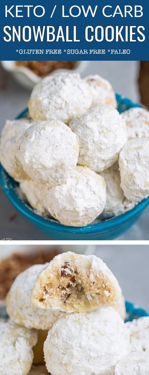 Keto Snowball Christmas Cookies - Low Carb Paleo Snowballs Sweets Healthy, Snowball Christmas Cookies, Desserts Nutella, Pecan Snowball Cookies, Snowball Cookie Recipe, Smores Dessert, Mexican Wedding Cookies, Wedding Cookie, Low Carb Cake