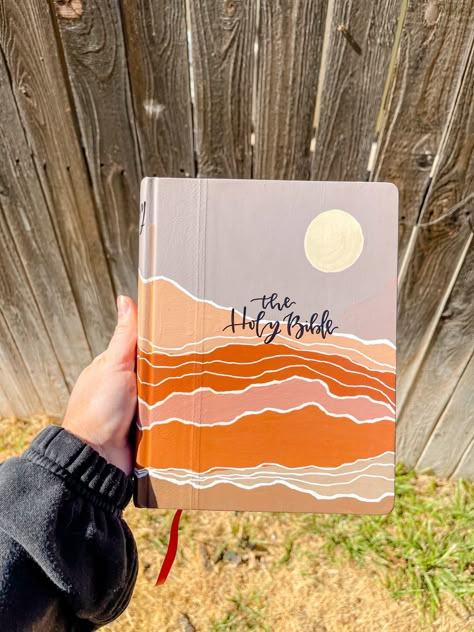 Scripture Cover Painting, Painted Bible Mountains, Painted Scripture Cover, Western Bible Cover, Painted Bible Cover Ideas Simple, Bible Cover Painting Ideas, Bible Painting Cover Easy, Painting Book Of Mormon, Painted Bible Cover Diy