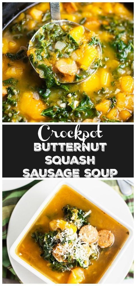 This Crockpot Butternut Squash and Sausage Soup is perfect for the cold winter months! It's hearty, healthy, and easy to make. This soup is made in the slow cooker. It's got chicken sausage, kale, and butternut squash. Soup is one of the best comfort foods out there! I love hearty soup recipes like this. #soup #crockpot #slowcooker #butternutsquash #sausage #kale Butternut Squash Sausage Soup Crockpot, Squash And Sausage Soup, Butternut Squash Sausage Soup, Crockpot Butternut Squash, Butternut Squash And Sausage, Butternut Squash Sausage, Soup Crockpot, Sausage Soup Recipes, Sausage Kale