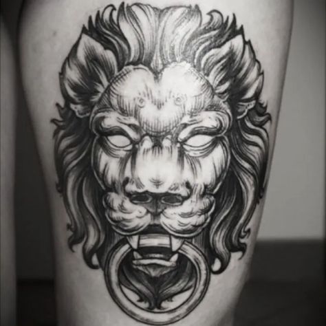 Door Knocker Tattoo, Vintage Camera Tattoos, Thigh Tattoo Men, Camera Tattoos, Mens Lion Tattoo, Maori Tattoos, Lion Head Tattoos, Lion Tattoo Design, Knee Tattoo