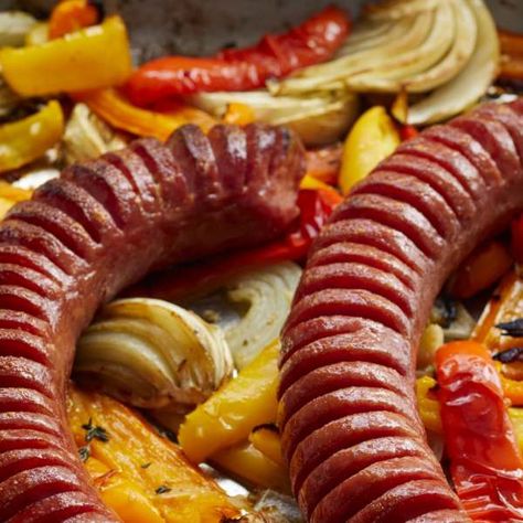 Hasselback Kielbasa - Barefoot Contessa Hasselback Smoked Sausage, Hasselback Kielbasa, Best Ina Garten Recipes, Lentil Sausage Soup, Barefoot Contessa Recipes, Meat Meals, Perfect Roast Chicken, Kielbasa Recipes, Sheet Pan Suppers