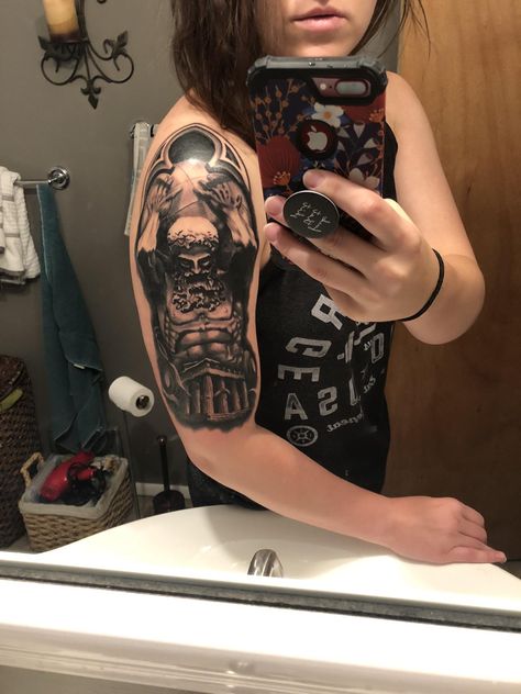 Atlas Statue with Parthenon done by Chubbs at Stay True Tattoo in Mentor Ohio (I have that Poseidon in the inside of this arm that I posted a few days ago!) #tattoos #tattoo #beauty Parthenon Tattoo, Stay True Tattoo, Atlas Statue, Mentor Ohio, Atlas Tattoo, Trending Tattoos, Prison Tattoos, True Tattoo, Mens Shoulder Tattoo