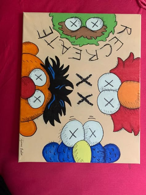 Canvas Art Designs Kaws Sesame Street Painting, Kaws X Sesame Street Painting, Kaws Elmo Drawing, Kaws Drawing Sketch, Kaws Sketch Easy, Kaw Drawings, Klaws Painting Canvas, Kaws Art Paintings, Kaws Drawing Easy