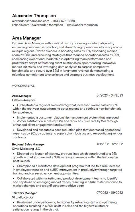 Check out Area Manager resume examples to emphasize your leadership skills, business acumen, and ability to manage multiple locations, helping your application capture the attention of regional directors in retail chains and service industries. | area manager resume, regional manager resume, multi-unit leader resume Team Leadership, Resume Summary, Team Development, Operational Excellence, Employee Retention, Manager Resume, Customer Relationship Management, Relationship Management, Job Application